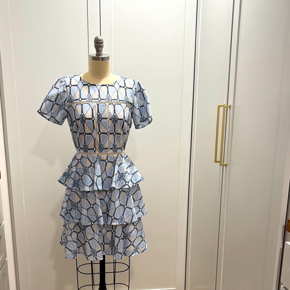 Blue and White Patterned Tiered Dress